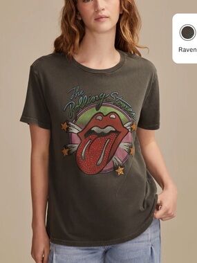 NWT Lucky Brand "Rolling Stones" Graphic T, Women's L, Rhinestone Accents,Grey